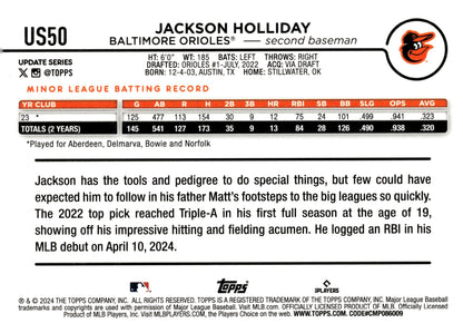Jackson Holliday 2024 Topps Update Series RC US50 3 - Collector Store LLC
