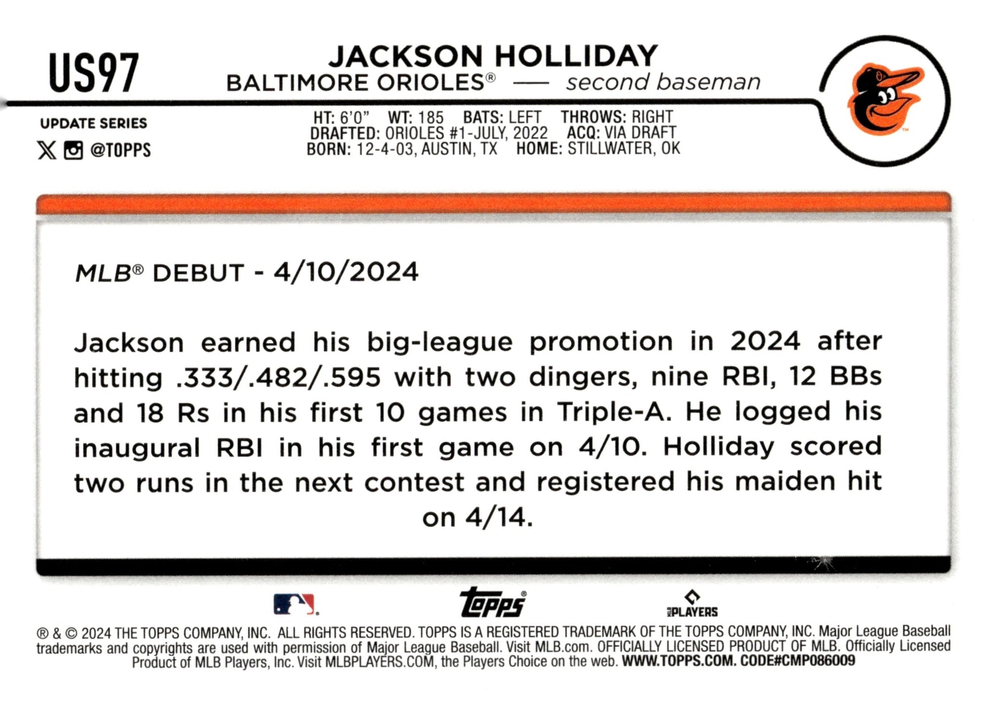 Jackson Holliday 2024 Topps Update Series RC #US97 #4 - Collector Store LLC