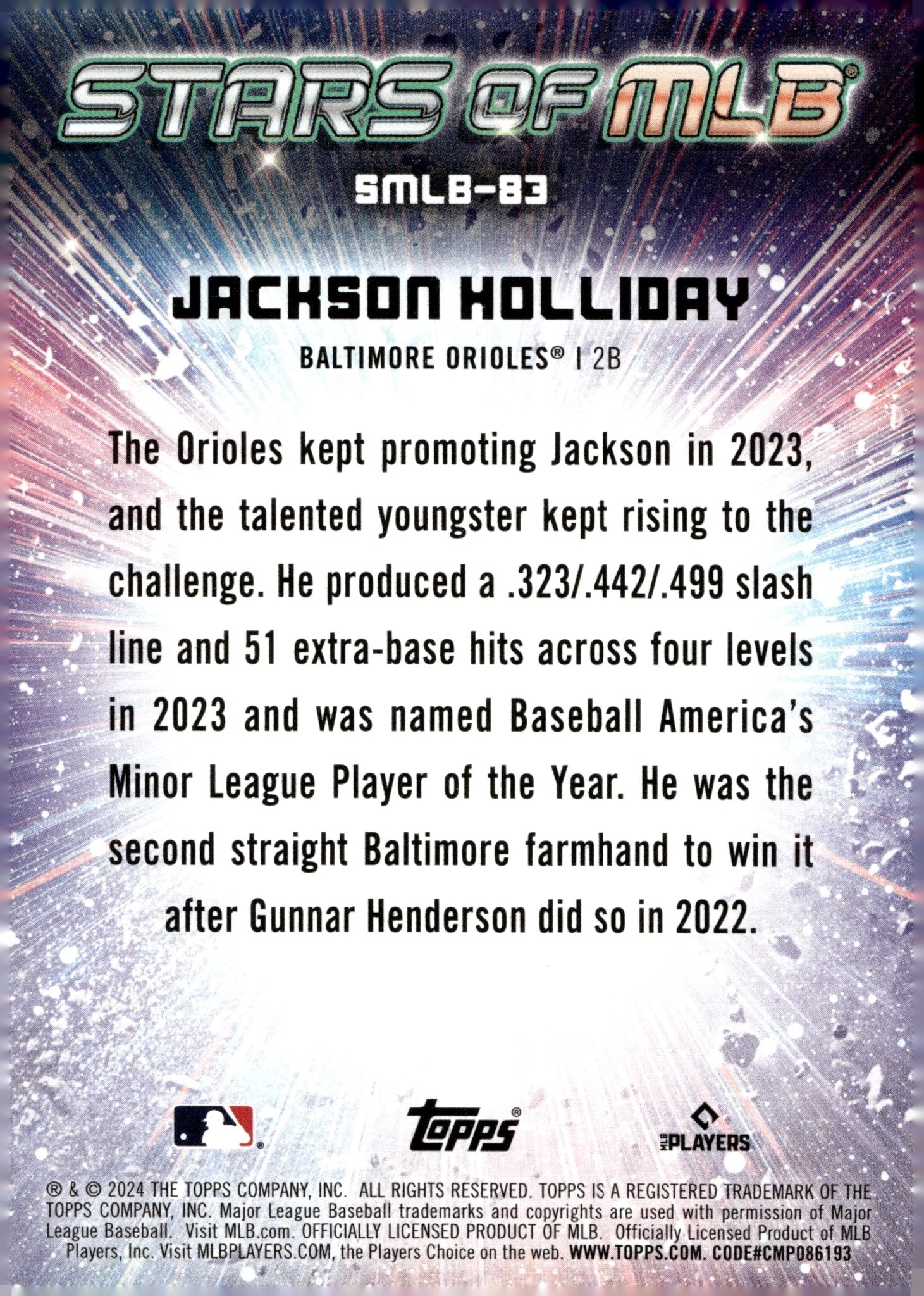 Jackson Holliday 2024 Topps Update Series Stars of MLB Foil RC #SMLB - 83 #4 - Collector Store LLC