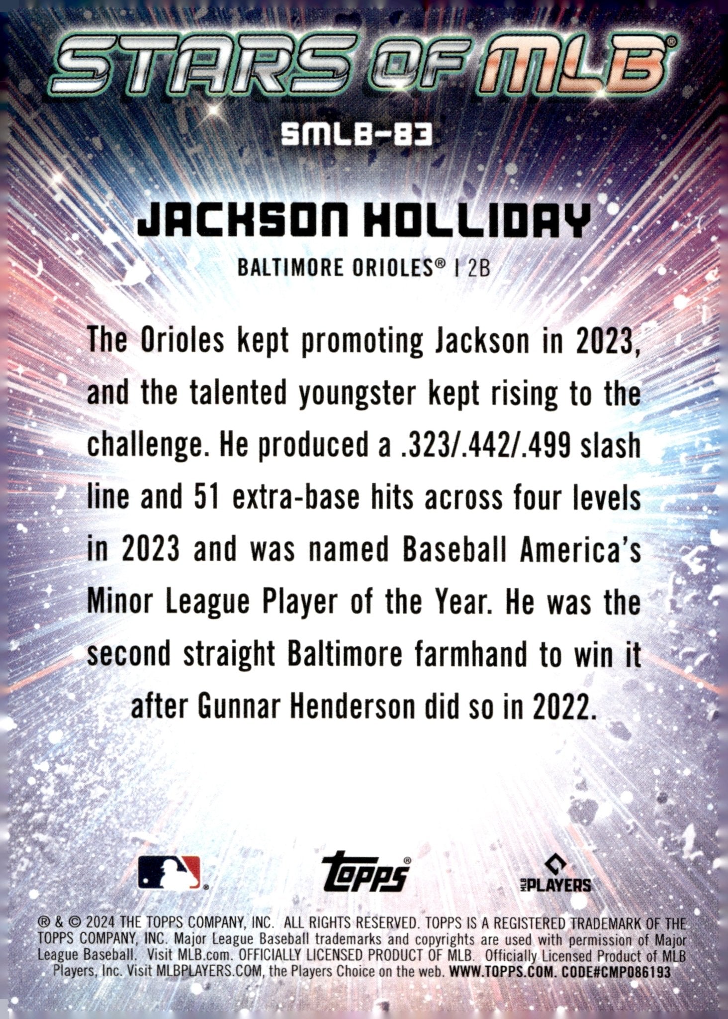 Jackson Holliday 2024 Topps Update Series Stars of MLB Foil RC #SMLB - 83 #5 - Collector Store LLC