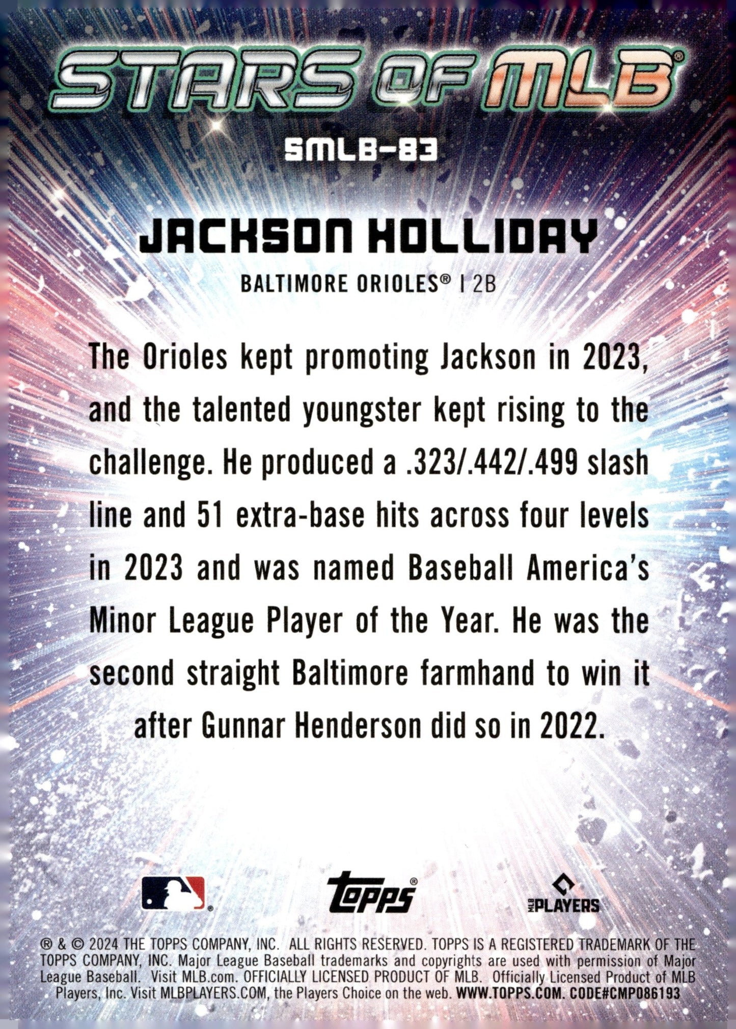 Jackson Holliday 2024 Topps Update Series Stars of MLB Foil RC SMLB - 83 6 - Collector Store LLC