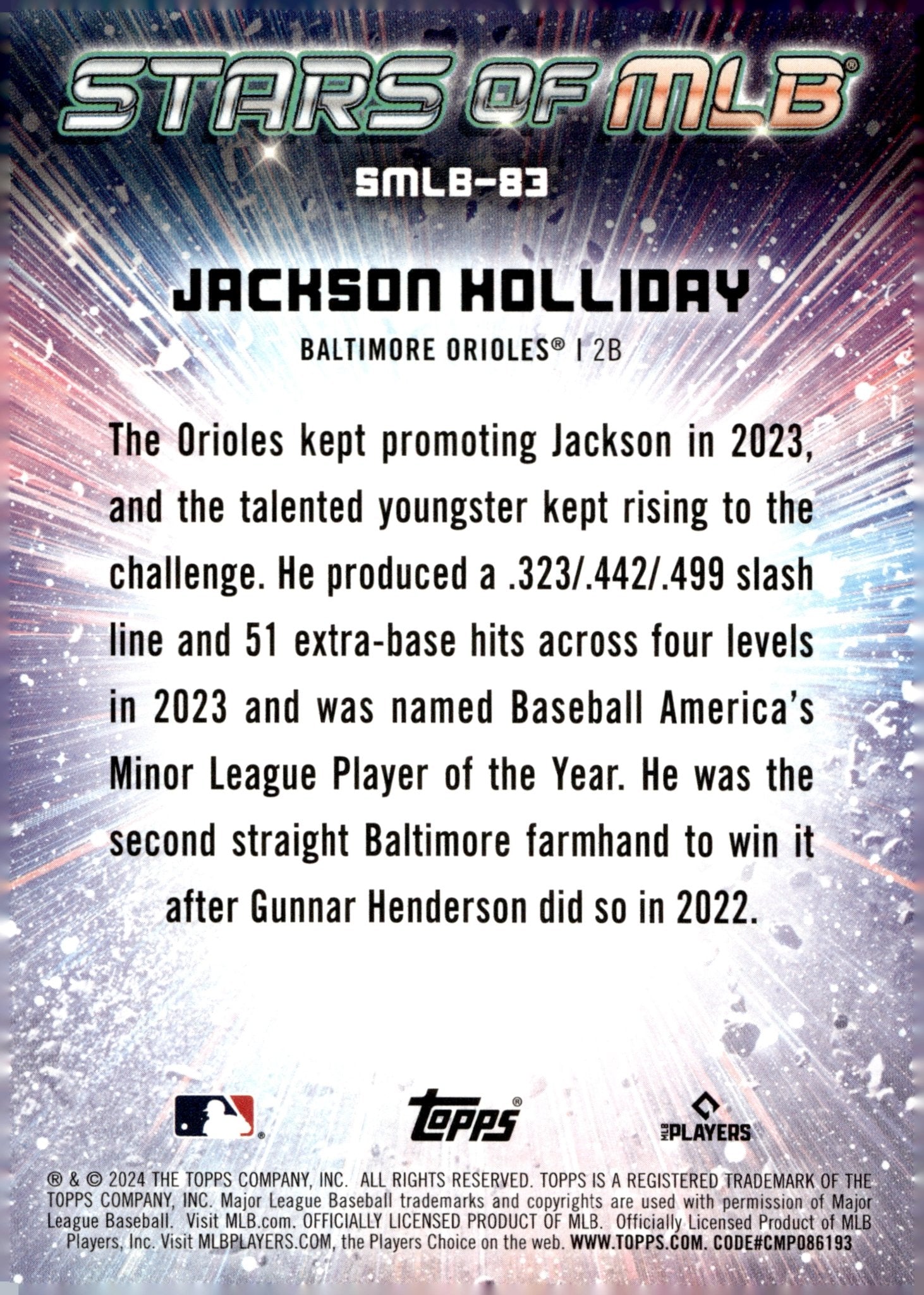 Jackson Holliday 2024 Topps Update Series Stars of MLB Foil RC SMLB - 83 7 - Collector Store LLC