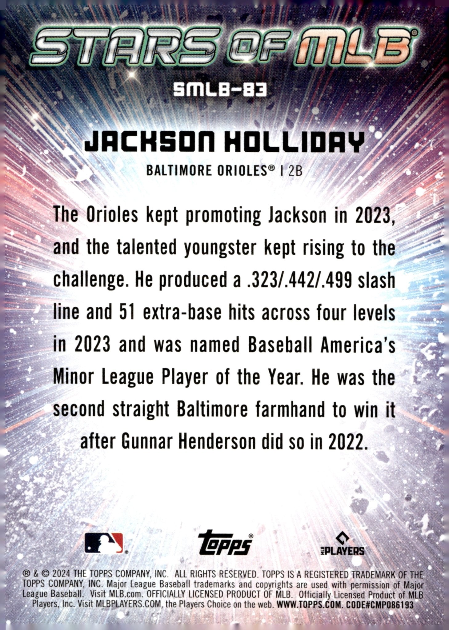 Jackson Holliday 2024 Topps Update Series Stars of MLB RC #SMLB - 83 #2 - Collector Store LLC