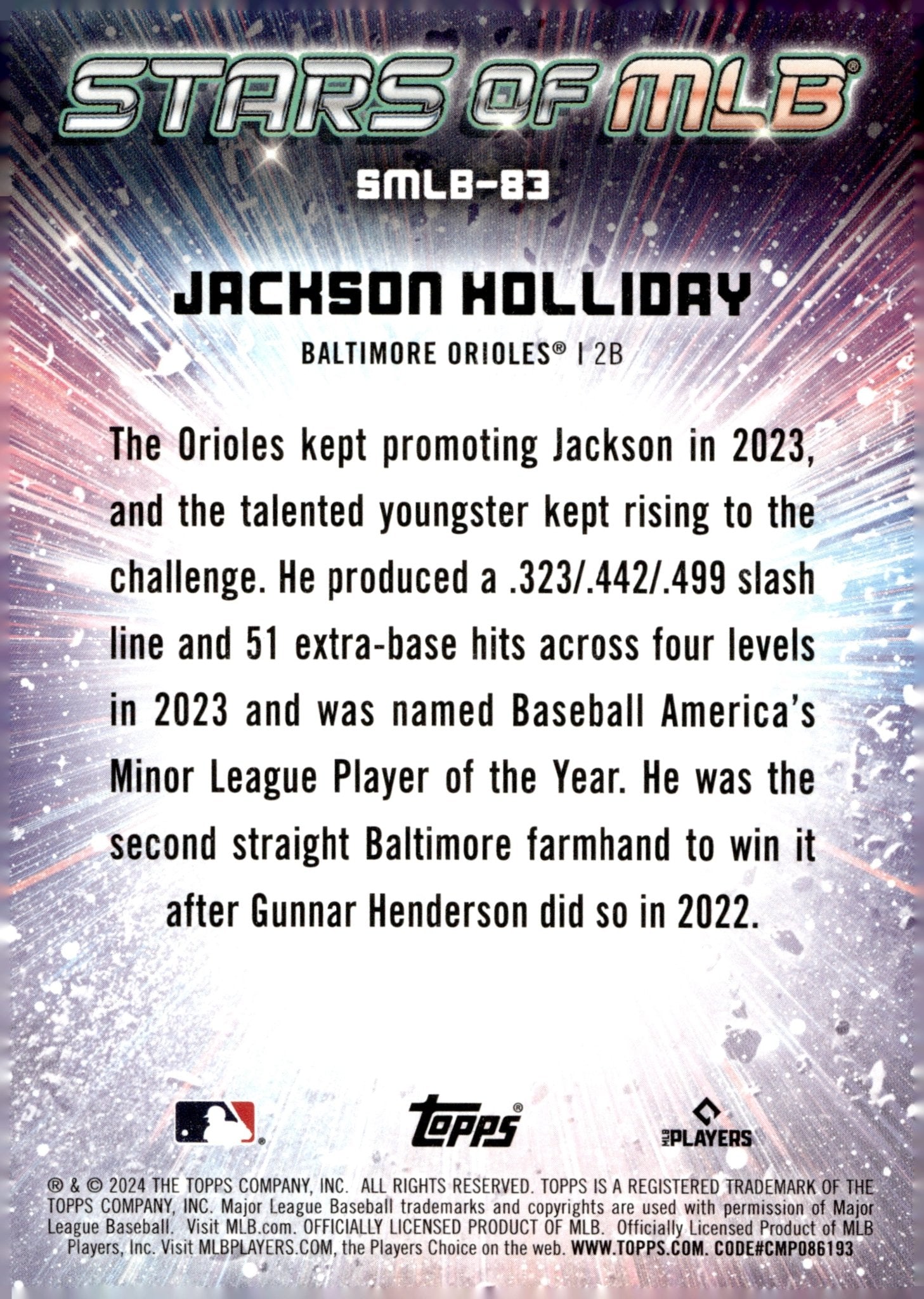 Jackson Holliday 2024 Topps Update Series Stars of MLB RC #SMLB - 83 #3 - Collector Store LLC