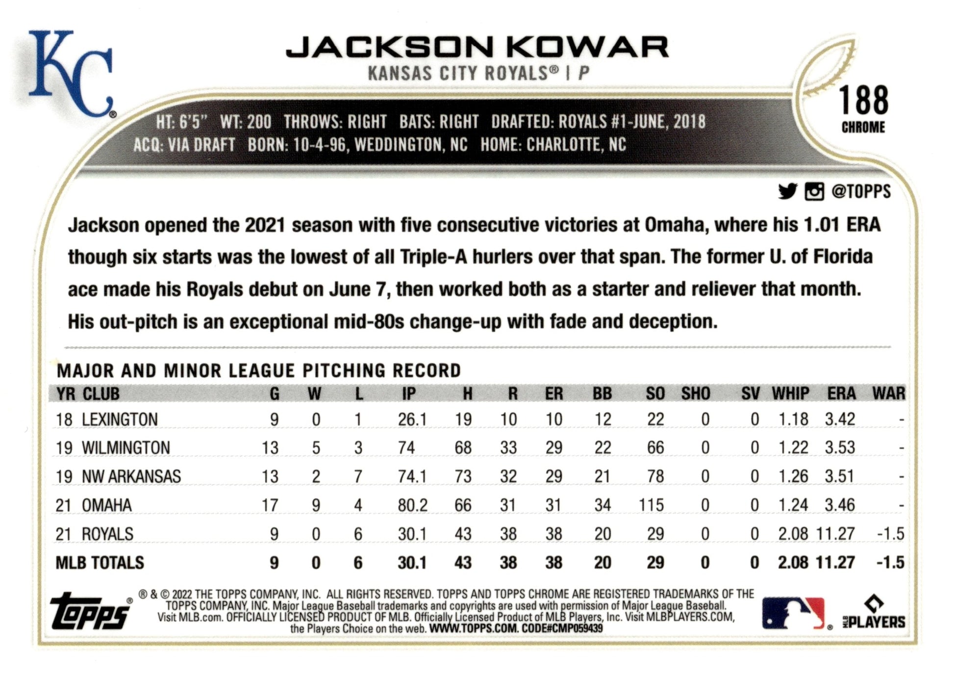 Jackson Kowar 2022 Topps Chrome Black & White Ray Wave Refractor RC 188 - Collector Store LLC
