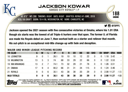 Jackson Kowar 2022 Topps Chrome Black & White Ray Wave Refractor RC 188 - Collector Store LLC