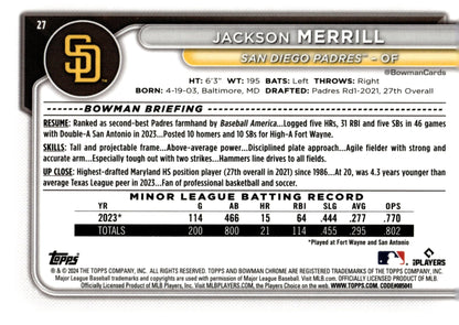 Jackson Merrill 2024 Bowman Chrome RC #27 - Collector Store LLC