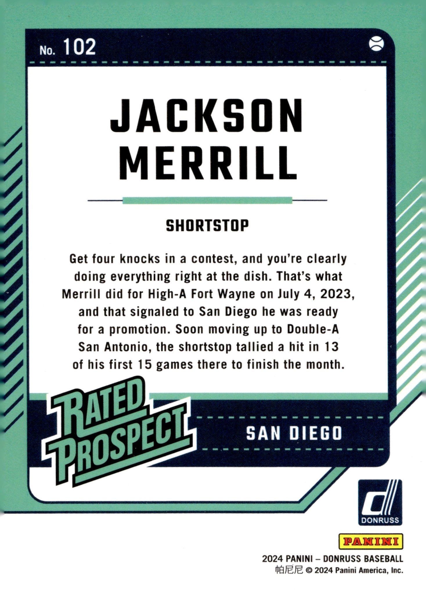 Jackson Merrill 2024 Panini Donruss Rated Prospect 102 - Collector Store LLC