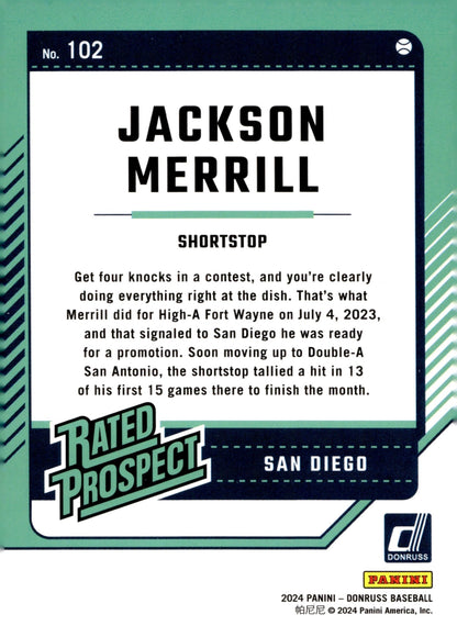 Jackson Merrill 2024 Panini Donruss Rated Prospect 102 - Collector Store LLC