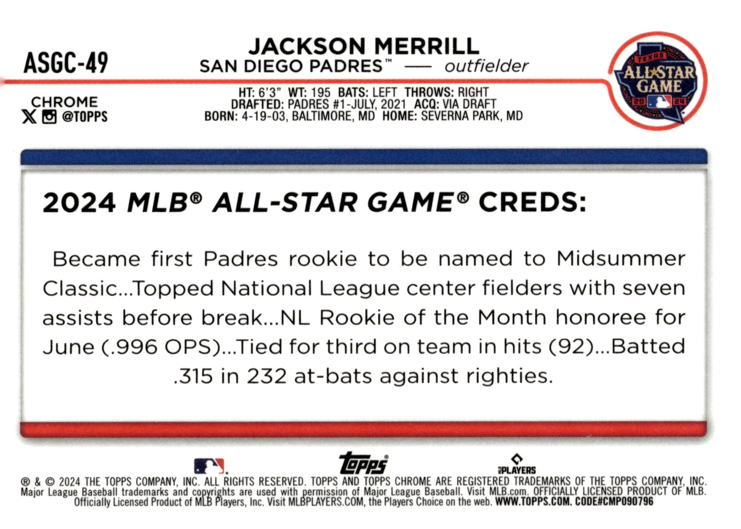 Jackson Merrill 2024 Topps Chrome All Star Game Refractor ASGC - 49 1 - Collector Store LLC