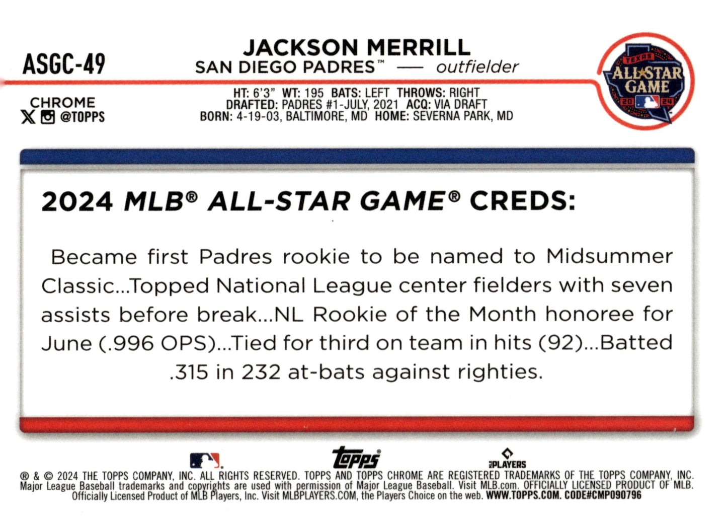Jackson Merrill 2024 Topps Chrome All Star Game Refractor ASGC - 49 3 - Collector Store LLC