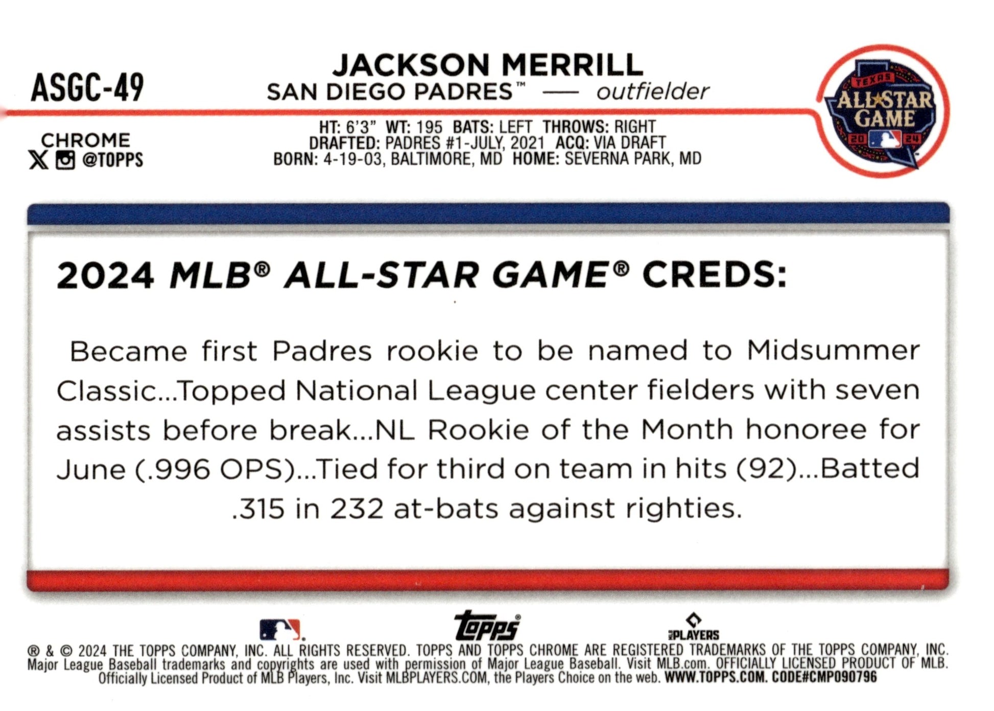 Jackson Merrill 2024 Topps Chrome All Star Game Refractor ASGC - 49 3 - Collector Store LLC