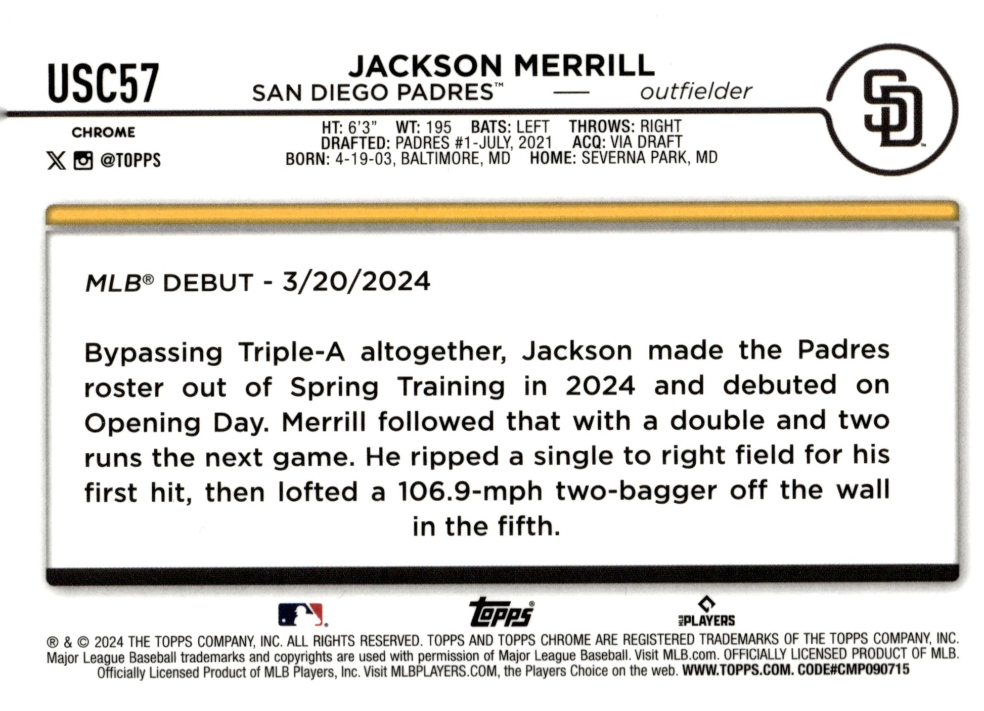 Jackson Merrill 2024 Topps Chrome RC #USC57 #3 - Collector Store LLC