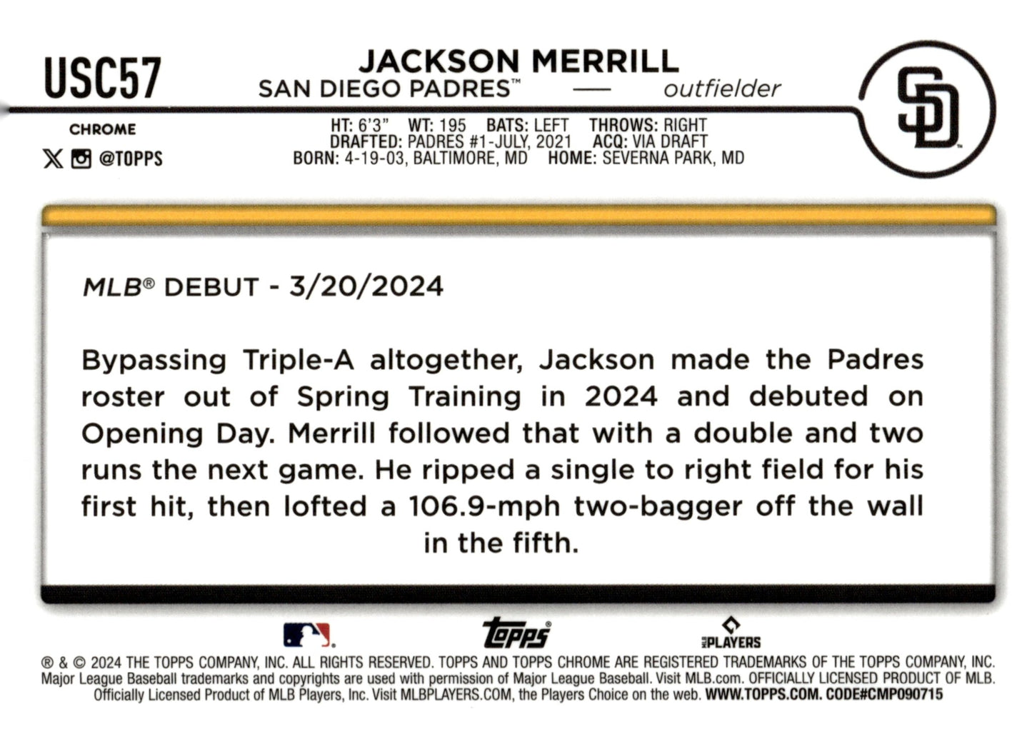 Jackson Merrill 2024 Topps Chrome Xfractor Refractor RC #USC57 - Collector Store LLC