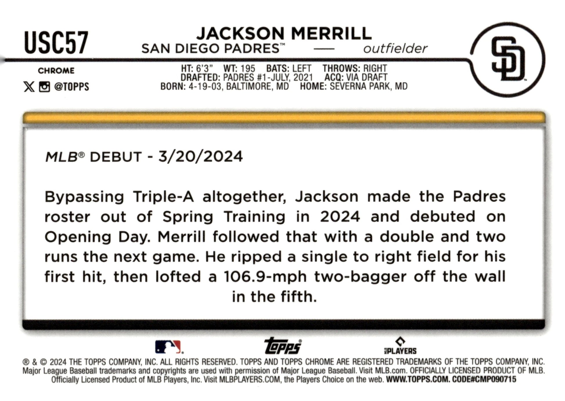 Jackson Merrill 2024 Topps Chrome Xfractor Refractor RC #USC57 - Collector Store LLC