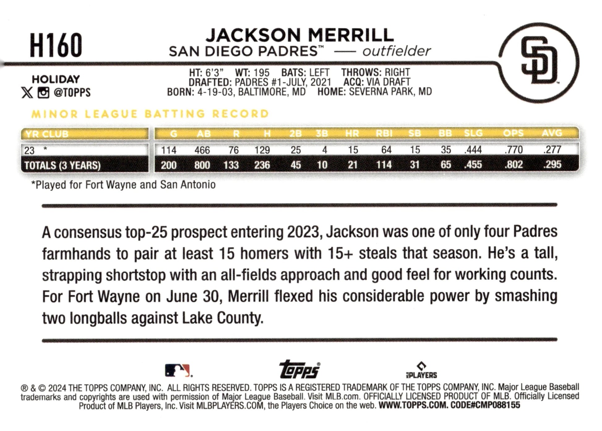 Jackson Merrill 2024 Topps Holiday Blue RC #H160 - Collector Store LLC