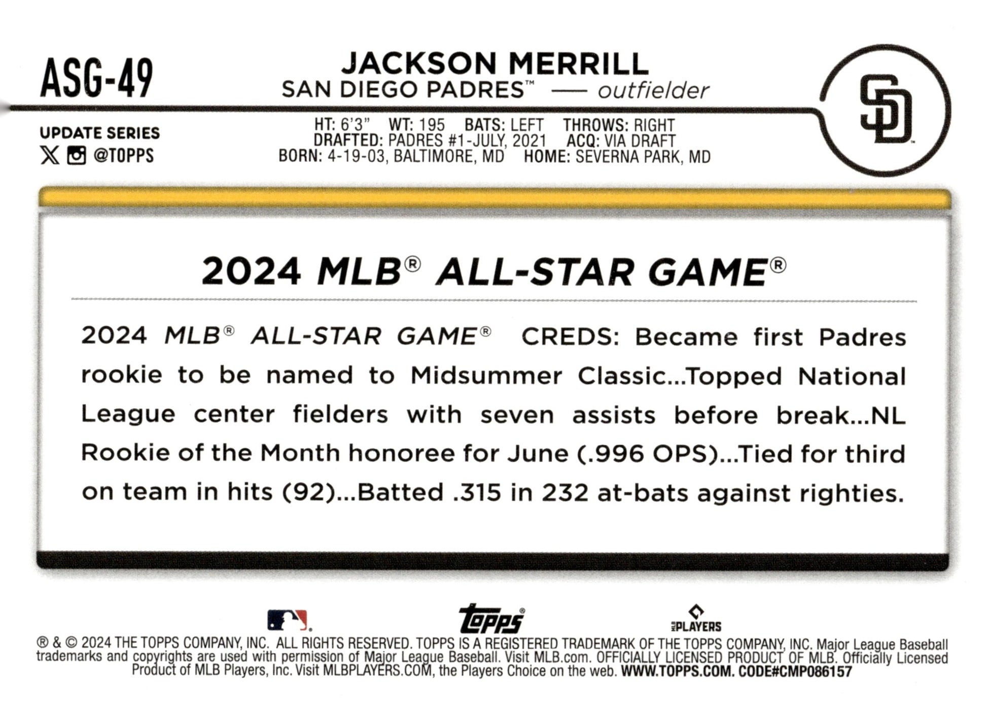Jackson Merrill 2024 Topps Update Series All Star Game ASG - 49 - Collector Store LLC