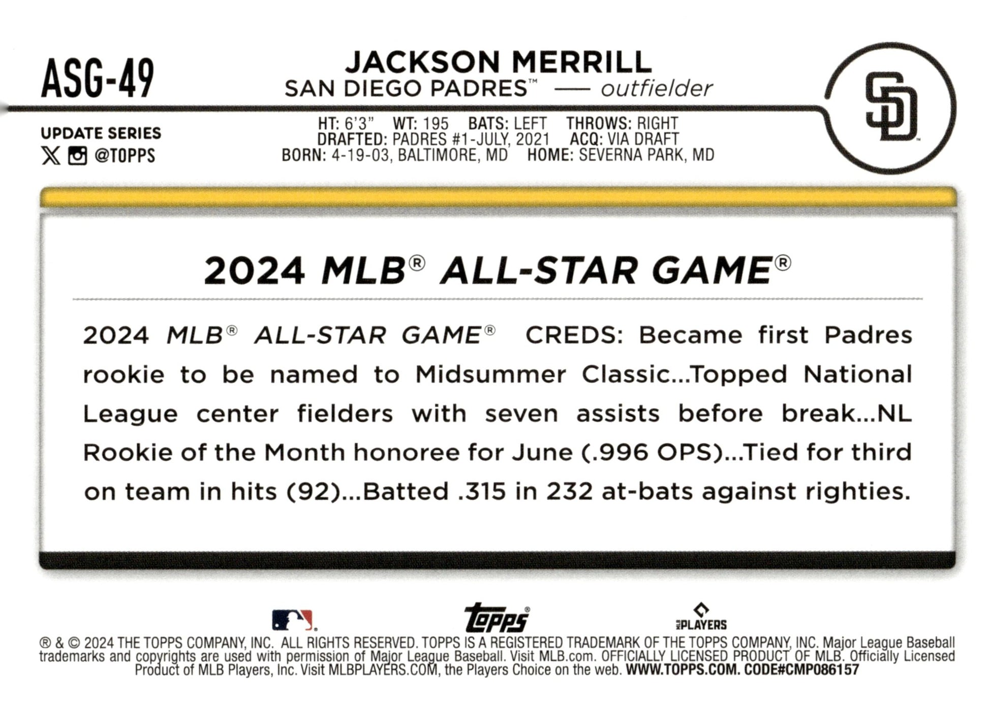 Jackson Merrill 2024 Topps Update Series RC #ASG - 49 #1 - Collector Store LLC