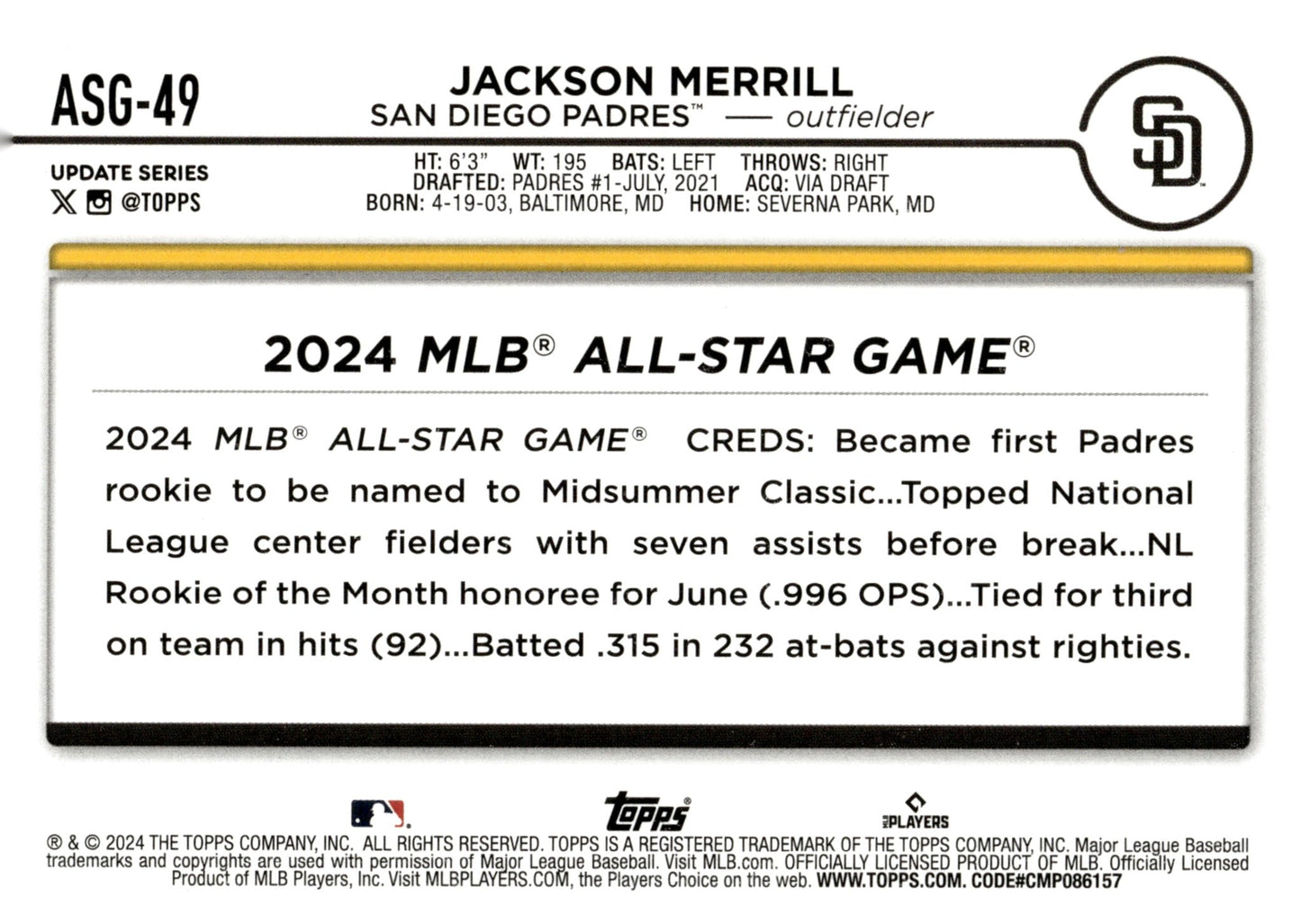 Jackson Merrill 2024 Topps Update Series RC #ASG - 49 #2 - Collector Store LLC
