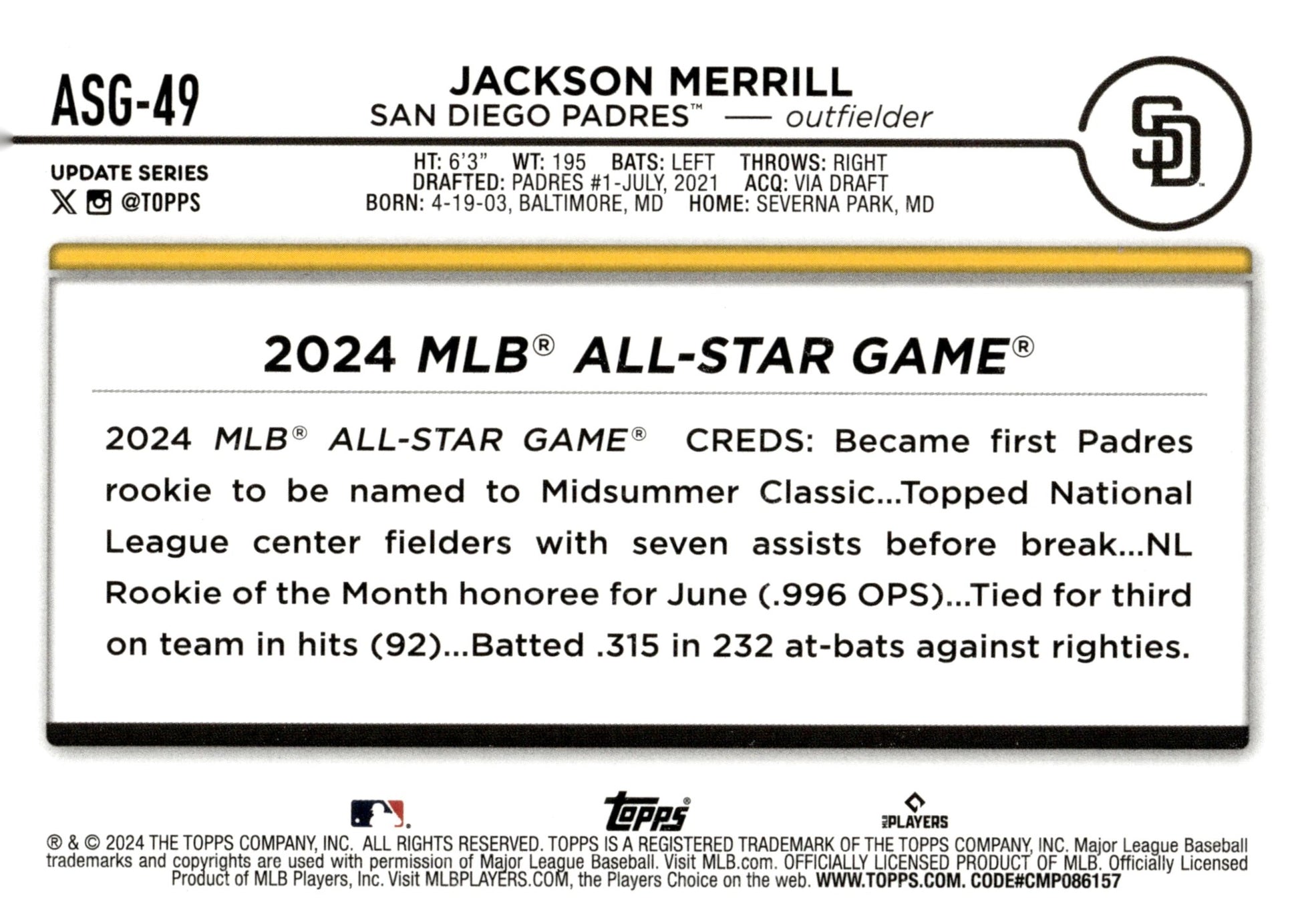 Jackson Merrill 2024 Topps Update Series RC #ASG - 49 #2 - Collector Store LLC