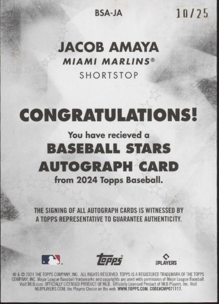 Jacob Amaya 2024 Topps Stars RC Auto 10/25 #BSA - JA - Collector Store LLC