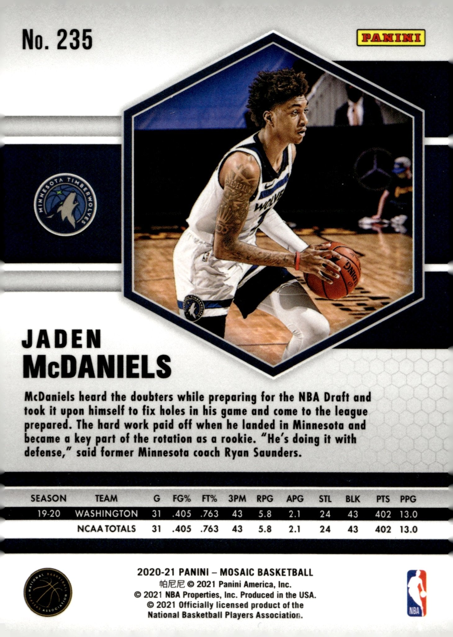 Jaden McDaniels 2020 - 21 Panini Mosaic RC #235 #3 - Collector Store LLC