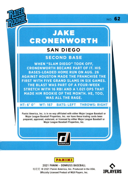 Jake Cronenworth 2021 Panini Donruss Rated Rookie Blue Holo RC 62 - Collector Store LLC
