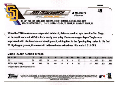 Jake Cronenworth 2021 Topps Chrome Refractor RC #49 - Collector Store LLC