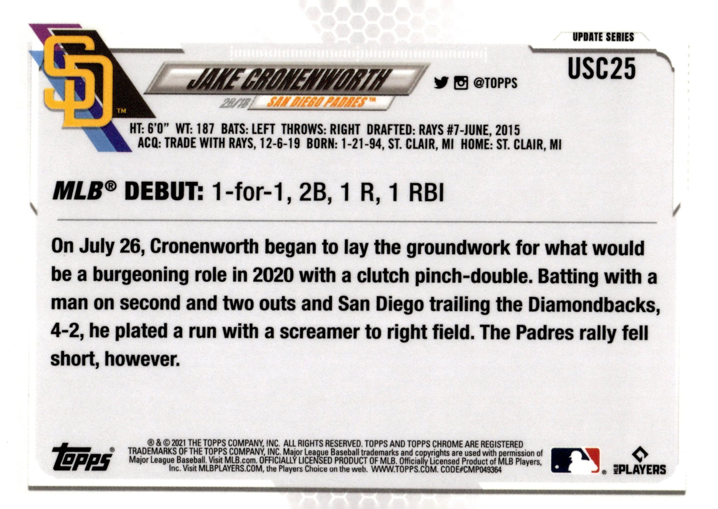 Jake Cronenworth 2021 Topps Chrome Update Series Pink Wave Refractor RC USC25 - Collector Store LLC