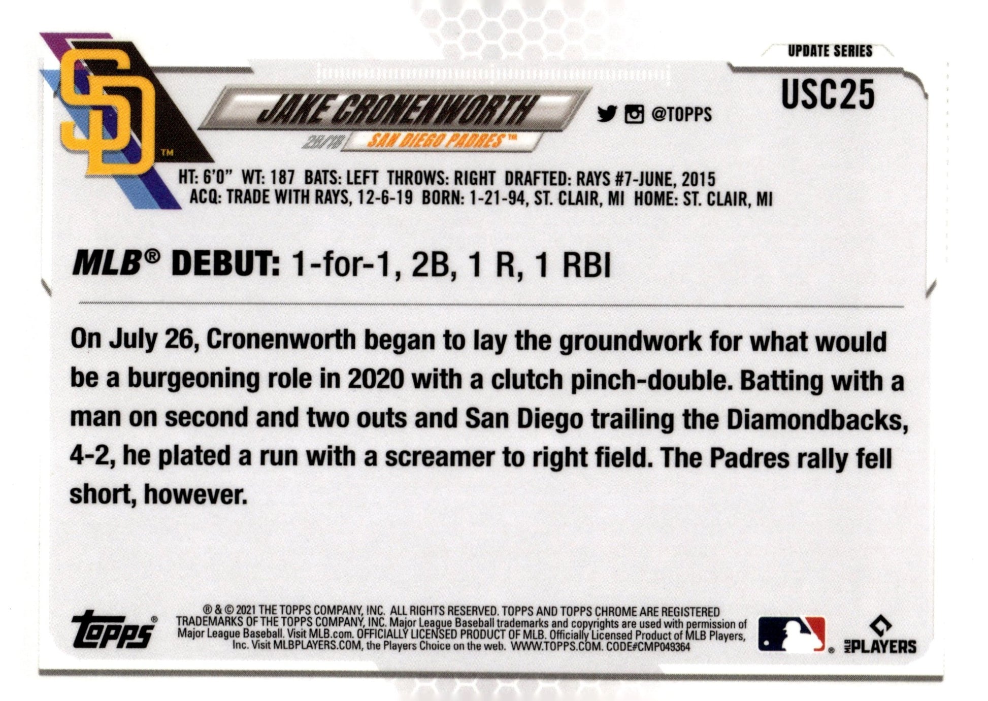 Jake Cronenworth 2021 Topps Chrome Update Series Pink Wave Refractor RC USC25 - Collector Store LLC