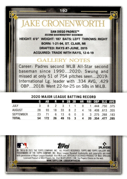 Jake Cronenworth 2021 Topps Gallery Printer Proof RC 192 - Collector Store LLC