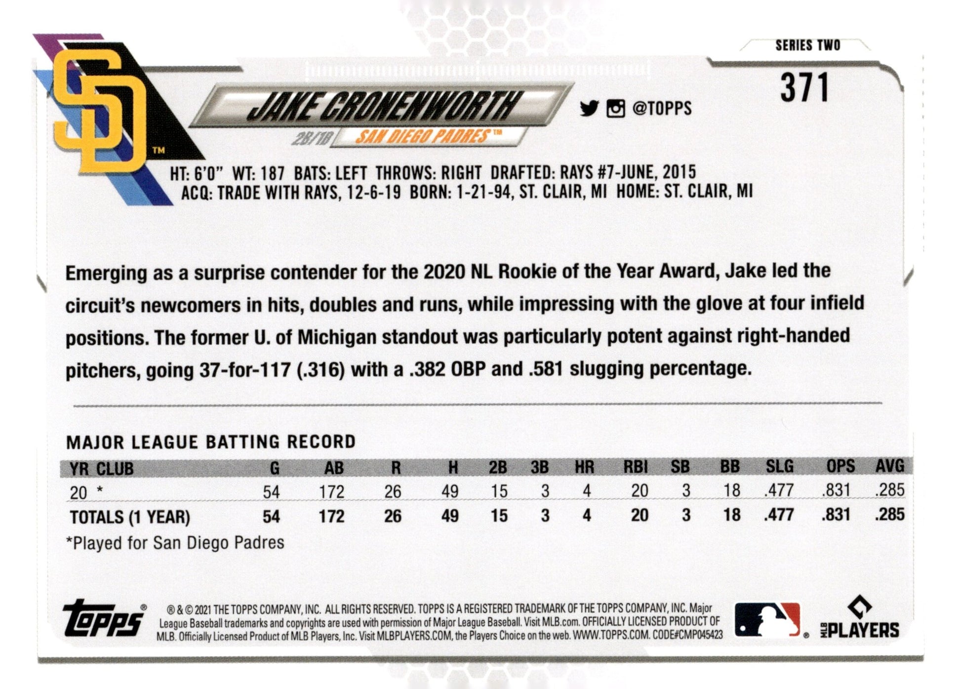 Jake Cronenworth 2021 Topps Series 2 RC 371 - Collector Store LLC