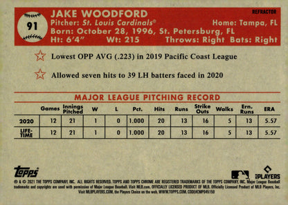 Jake Woodford 2021 Topps Chrome Platinum Refractor RC 91 - Collector Store LLC
