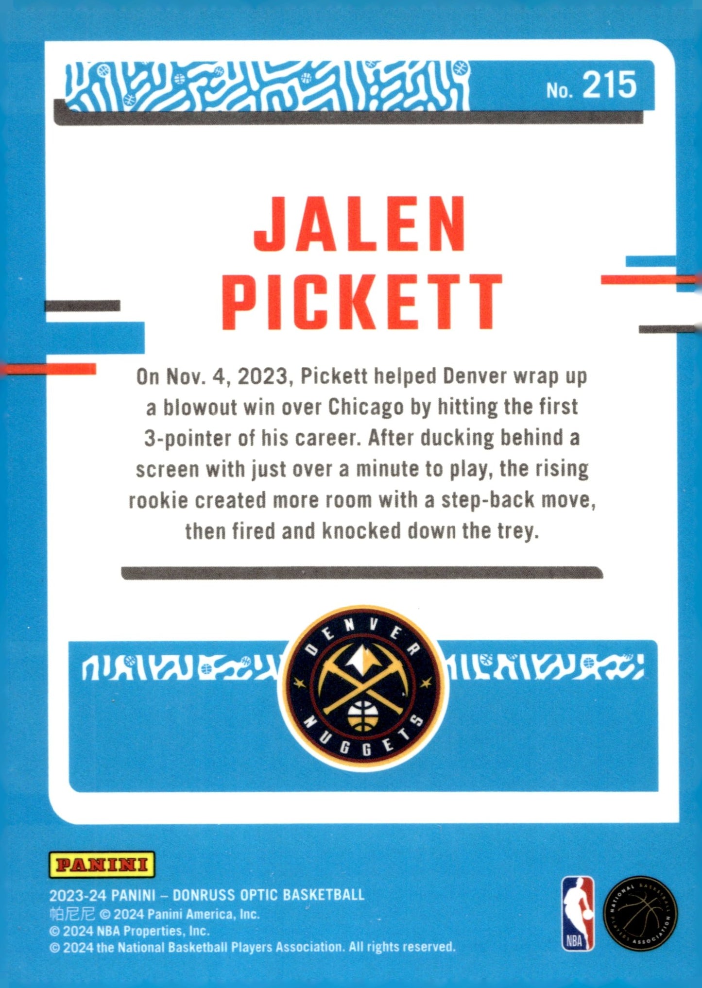 Jalen Pickett 2023 - 24 Panini Donruss Optic Rated Rookie RC #215 - Collector Store LLC