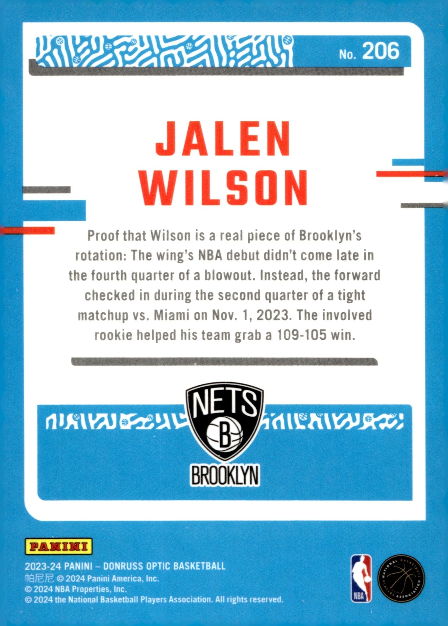 Jalen Wilson 2023 - 24 Panini Donruss Optic Rated Rookie RC #206 - Collector Store LLC