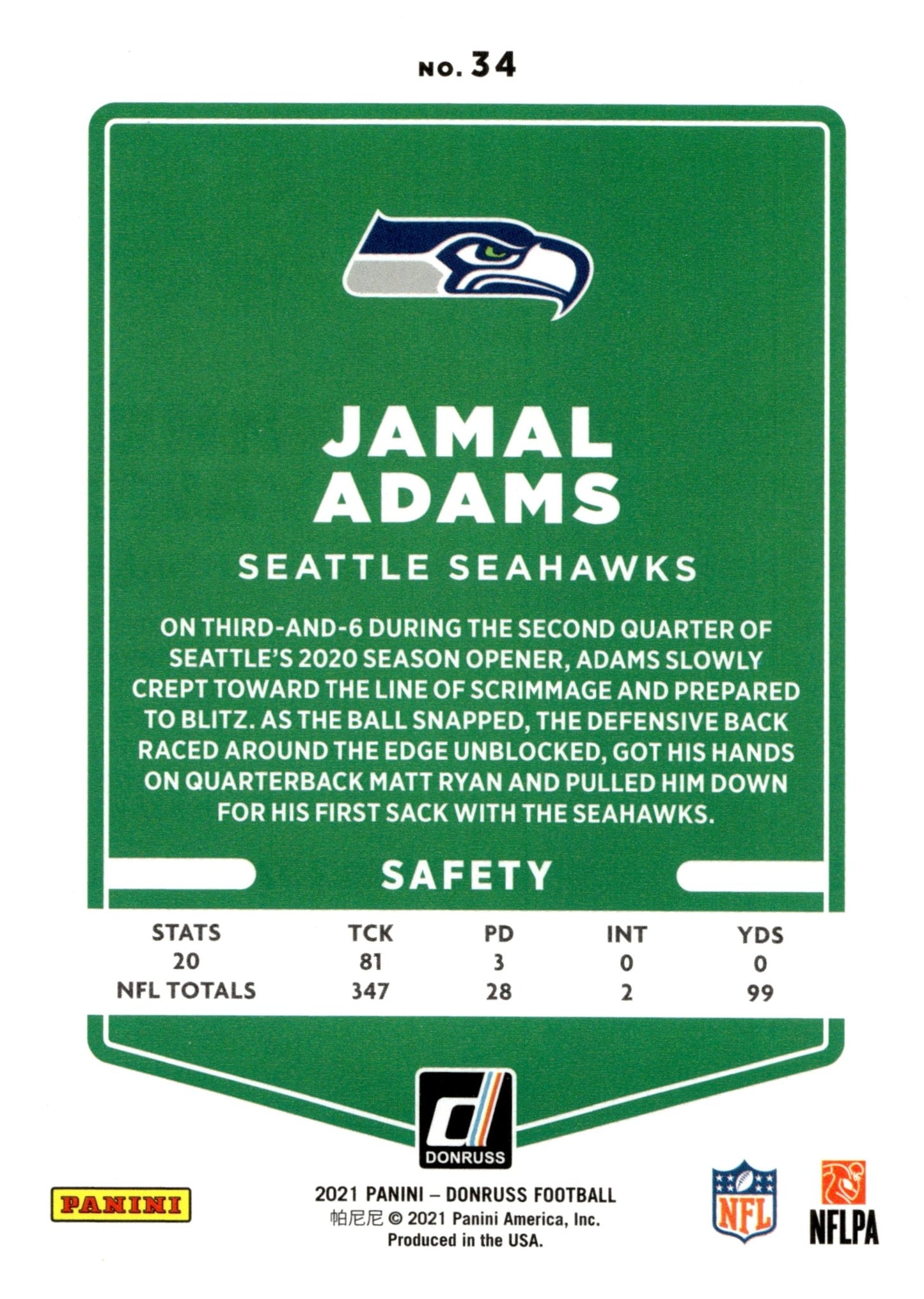 Jamal Adams 2021 Panini Donruss Press Proof Blue #34 - Collector Store LLC