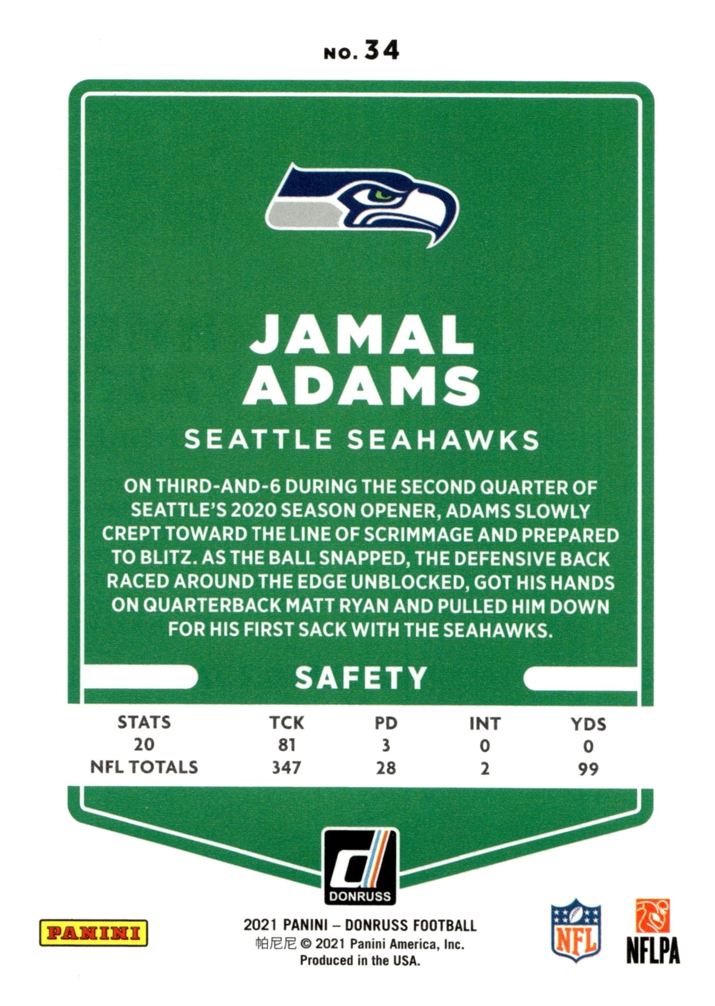 Jamal Adams 2021 Panini Donruss Press Proof Blue #34 - Collector Store LLC