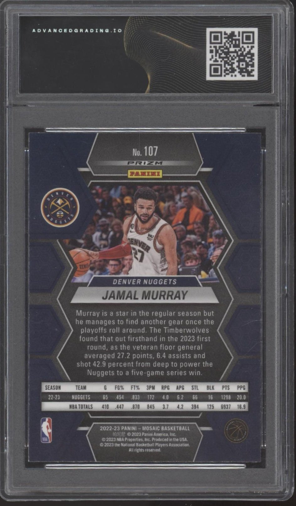 Jamal Murray 2022 - 23 Panini Mosaic Prizm #107 Advanced Grading 10 - Collector Store LLC