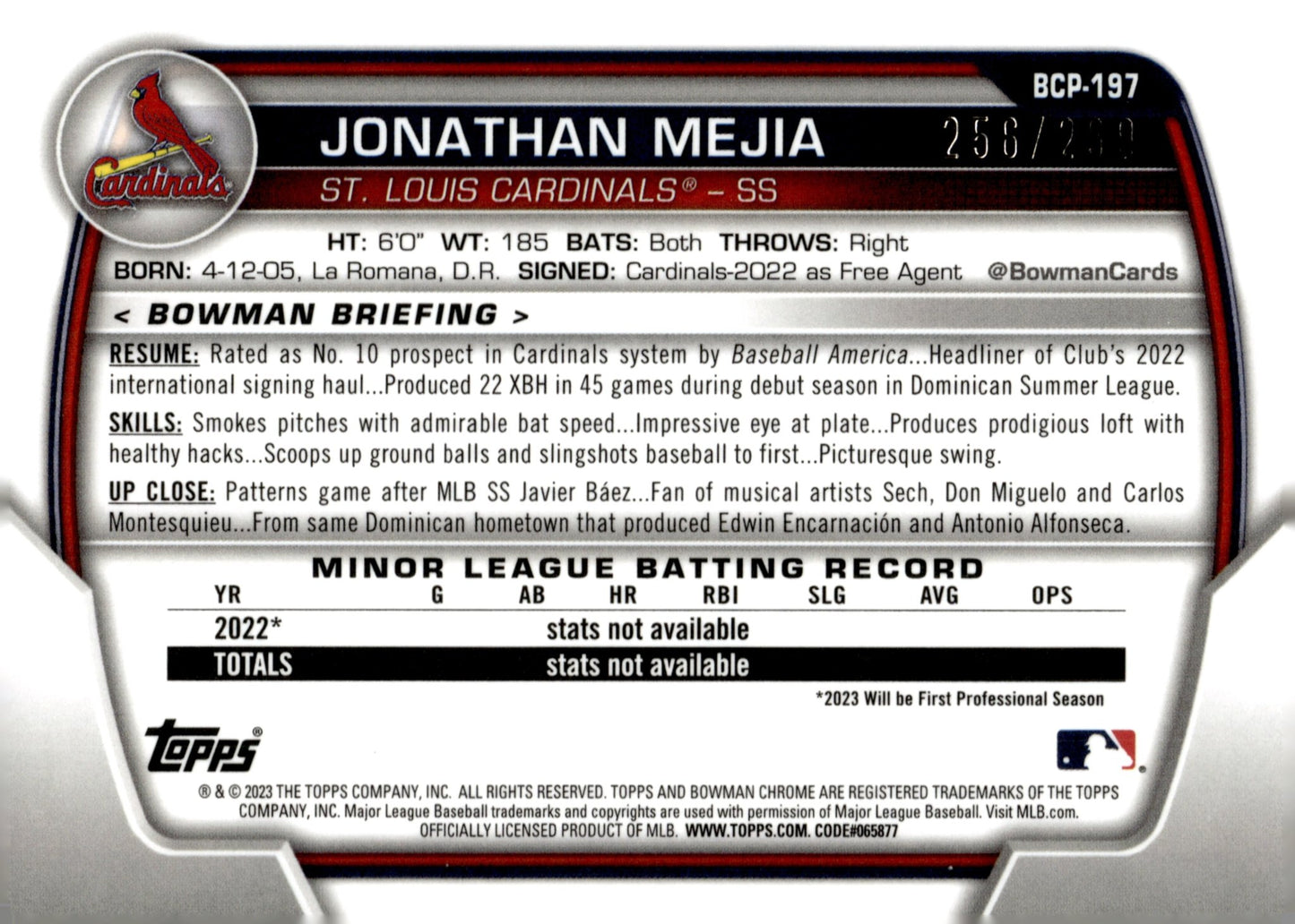 Janathan Mejia 2023 Bowman Chrome Speckle Refractor 256/299 BCP - 197 - Collector Store LLC