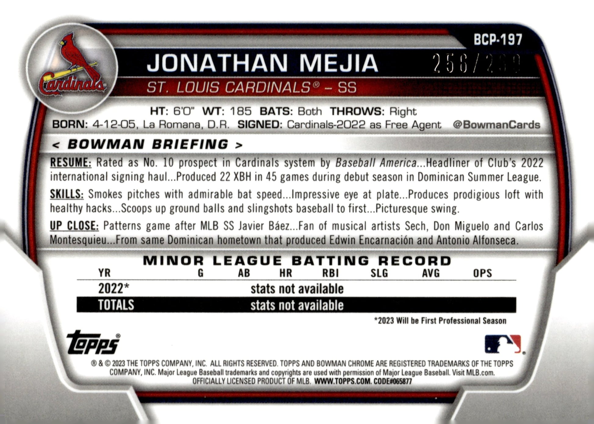 Janathan Mejia 2023 Bowman Chrome Speckle Refractor 256/299 BCP - 197 - Collector Store LLC