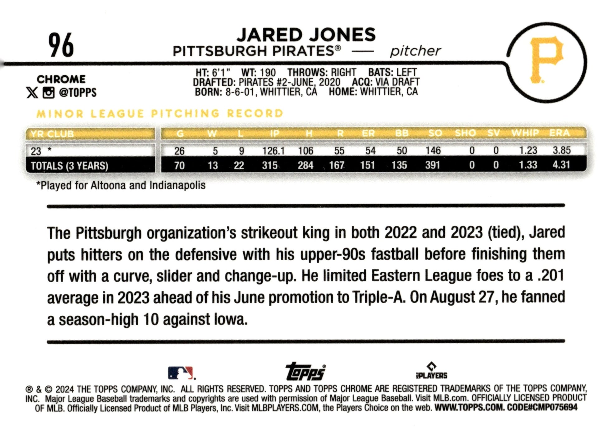Jared Jones 2024 Topps Chrome RC 96 - Collector Store LLC