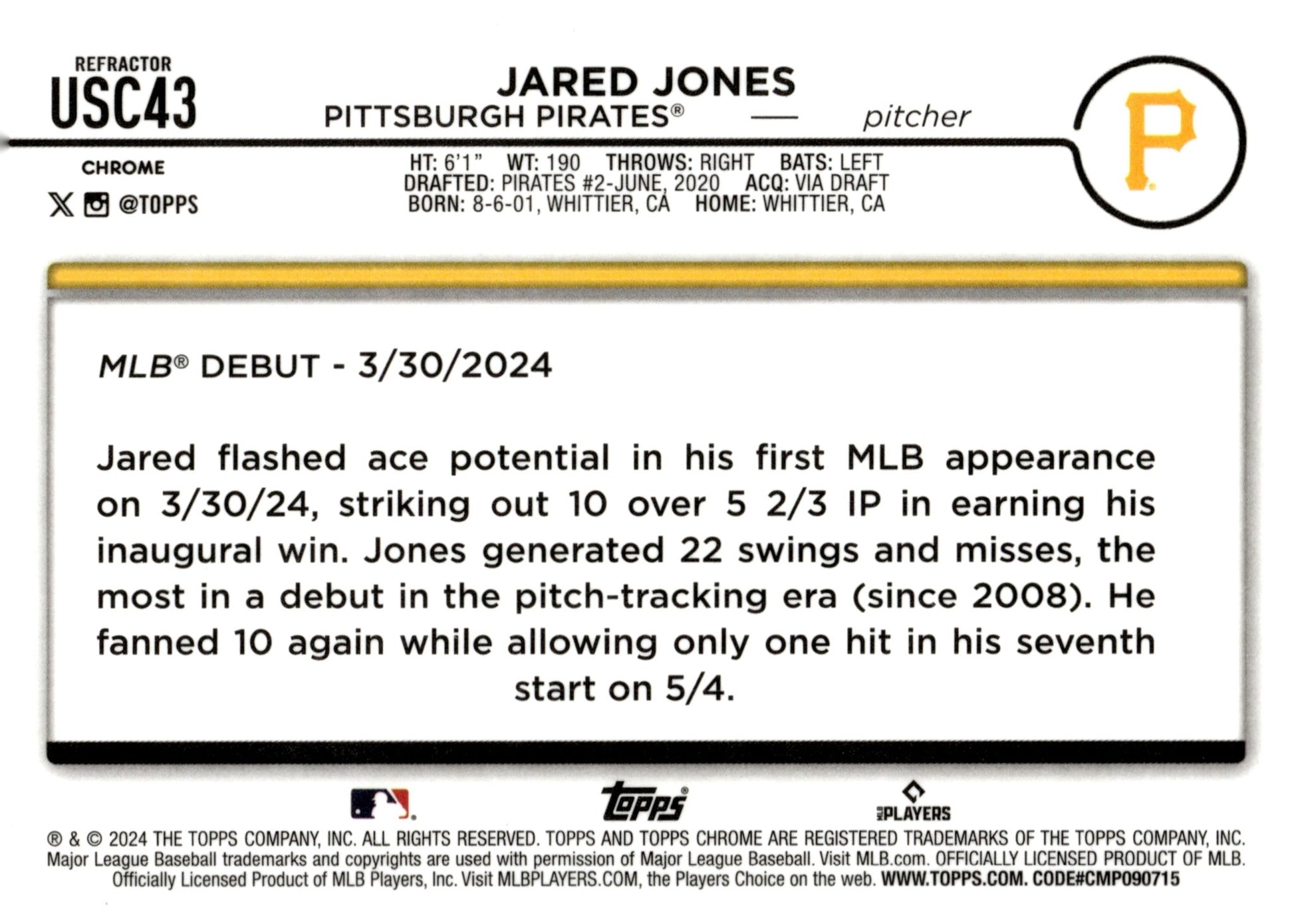 Jared Jones 2024 Topps Chrome Refractor RC USC43 - Collector Store LLC