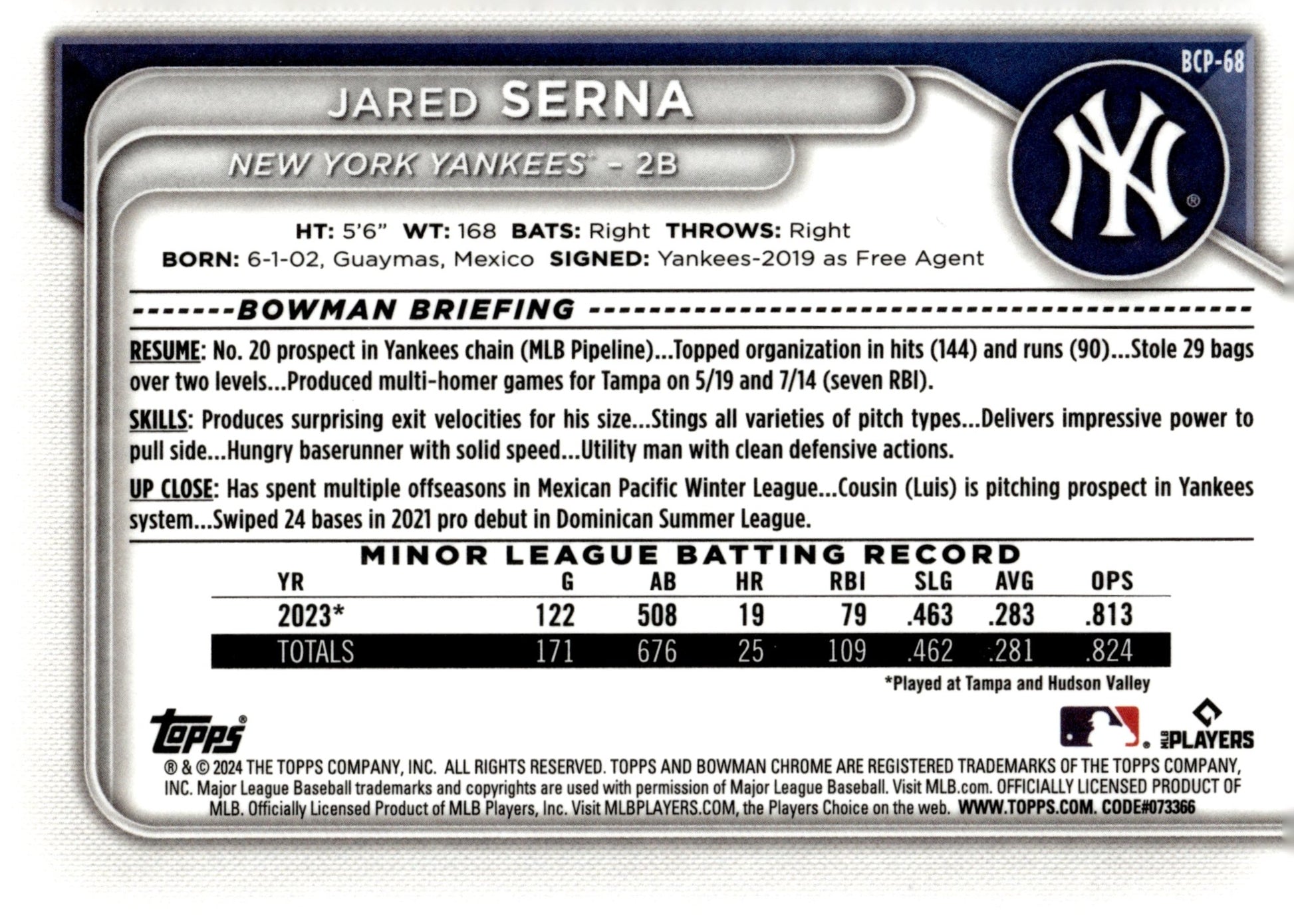 Jared Serna 2024 Bowman Chrome Mojo Refractor BCP - 68 - Collector Store LLC