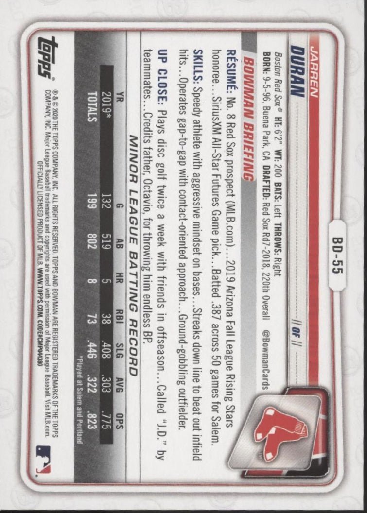 Jarren Duran 2020 Bowman 1st Edition Blue Foil 088/150 #BD - 55 - Collector Store LLC