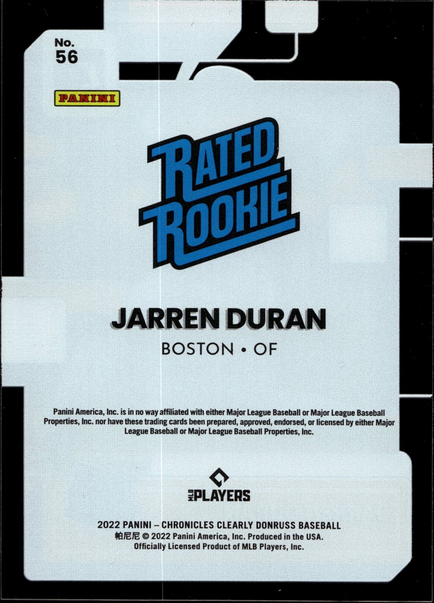Jarren Duran 2022 Panini Chronicles Clearly Donruss Rated Rookie RC #56 - Collector Store LLC
