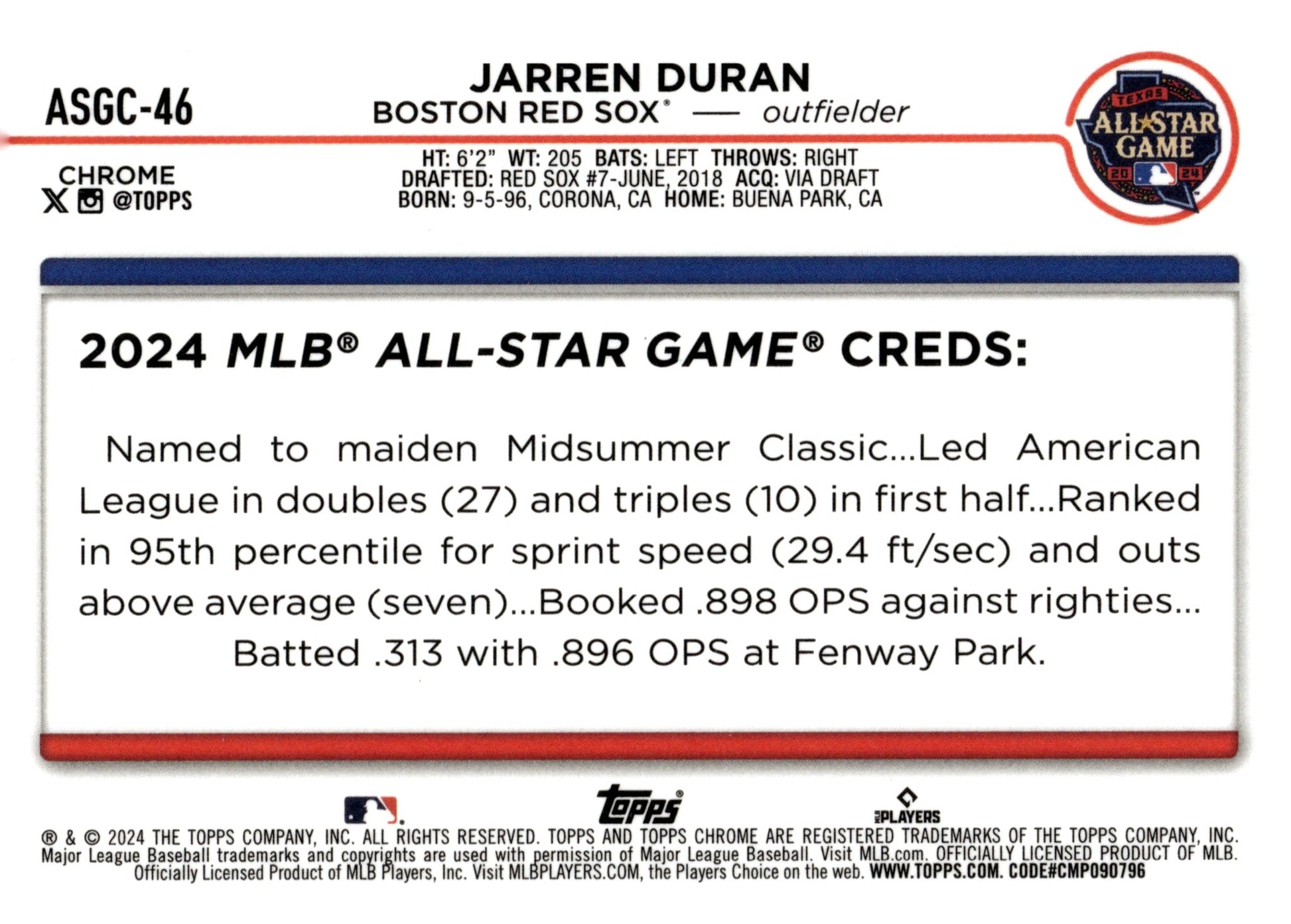 Jarren Duran 2024 Topps Chrome All Star Game Refractor ASGC - 46 - Collector Store LLC