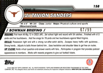 Ja'Tavion Sanders 2023 Bowman Chrome University Green Shimmer Refractor 67/99 - Collector Store LLC