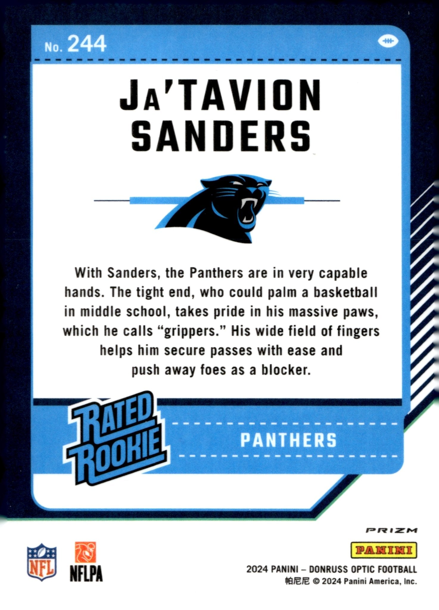 Ja'Tavion Sanders 2024 Panini Donruss Optic Rated Rookie Blue Scope Prizm RC - Collector Store LLC