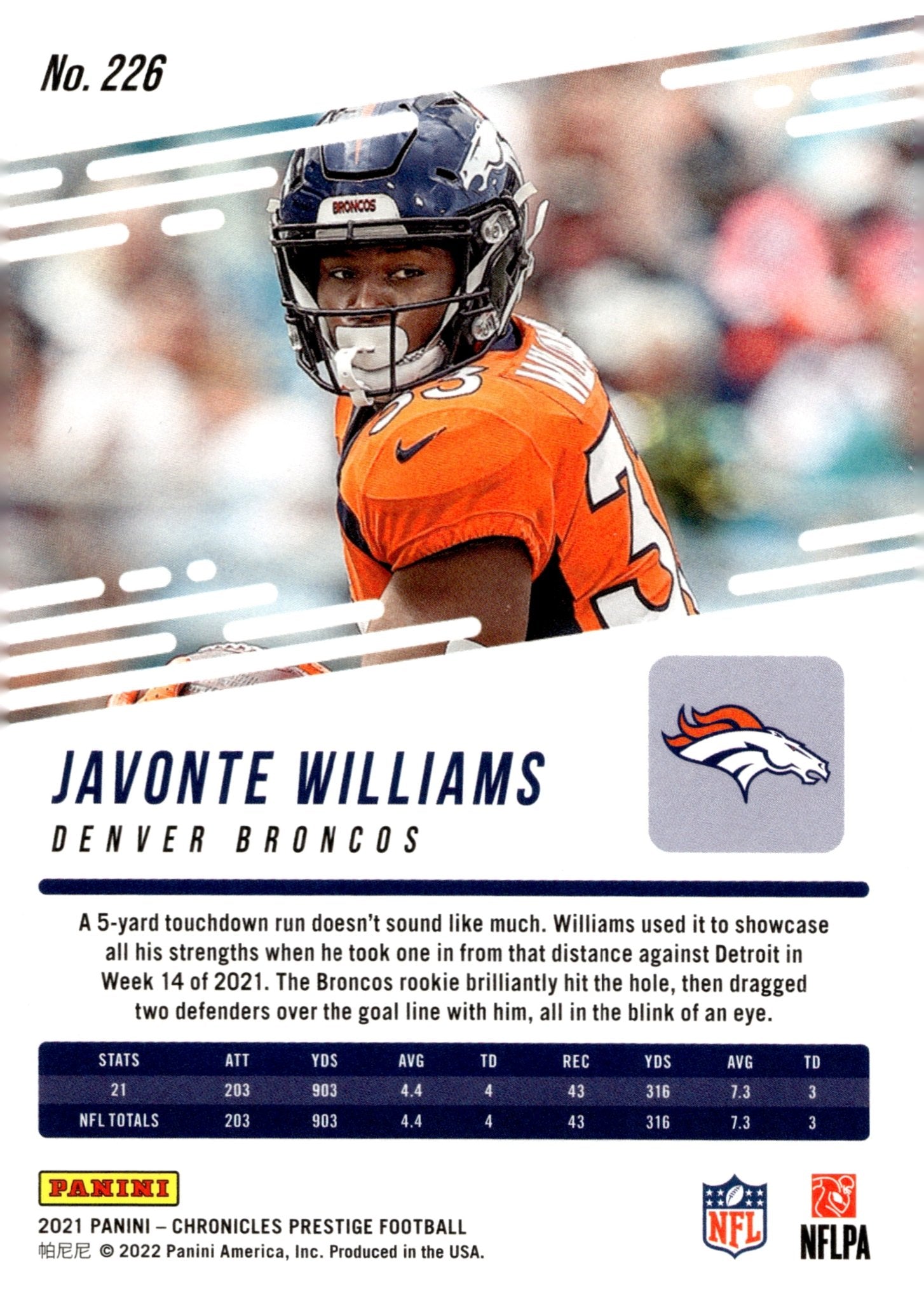 Javonte Williams 2021 Panini Chronicles Prestige RC #226 - Collector Store LLC