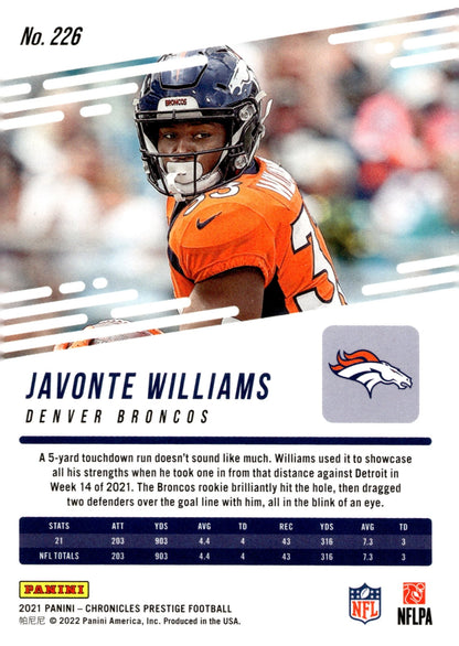 Javonte Williams 2021 Panini Chronicles Prestige RC #226 - Collector Store LLC